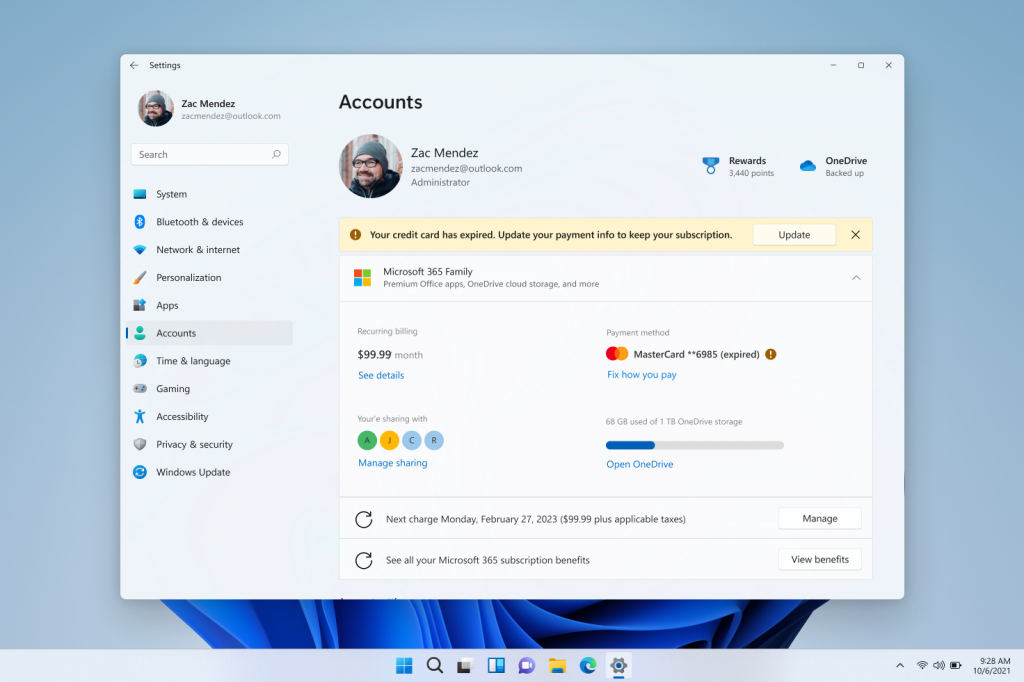 帐户设置页面上显示的横幅,提醒您更新您的 Microsoft 365 订阅付款。