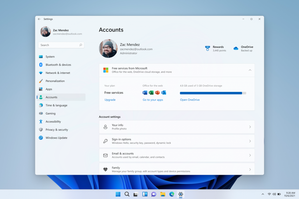 Microsoft 365 订阅管理体验现在位于“设置”中“帐户”页面的顶部。