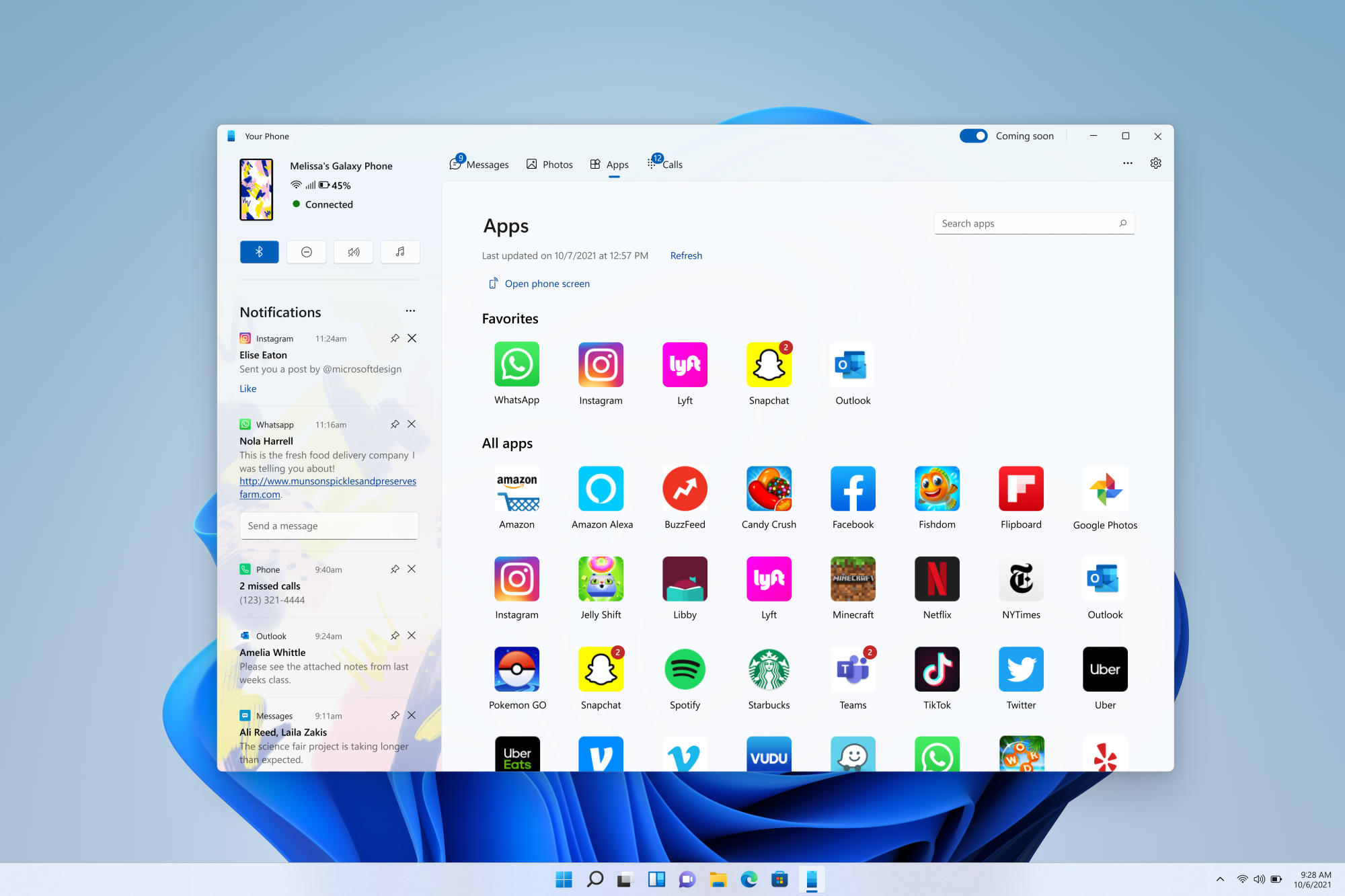 Windows 11 上的“你的手机”应用显示应用。