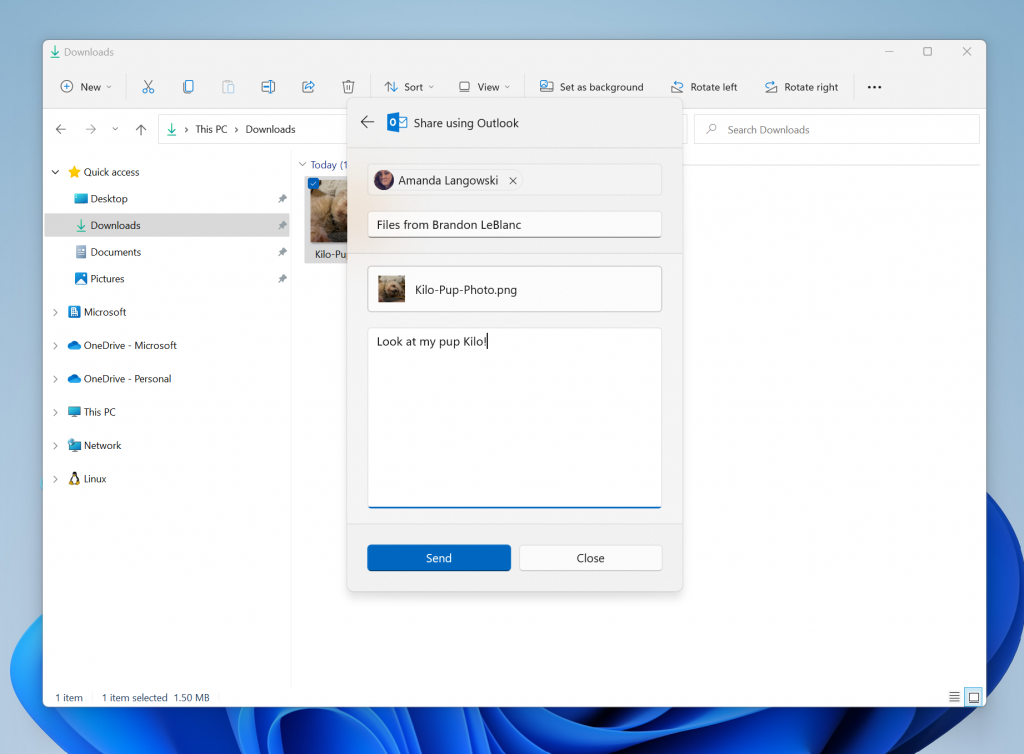 在文件资源管理器中通过 Outlook 共享本地文件，无需离开共享窗口即可撰写电子邮件。