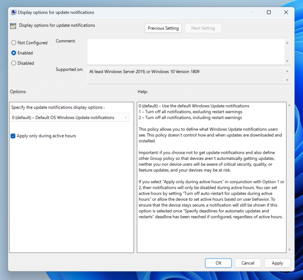 用于管理 Windows 更新通知的新组策略，如组策略编辑器中所示。