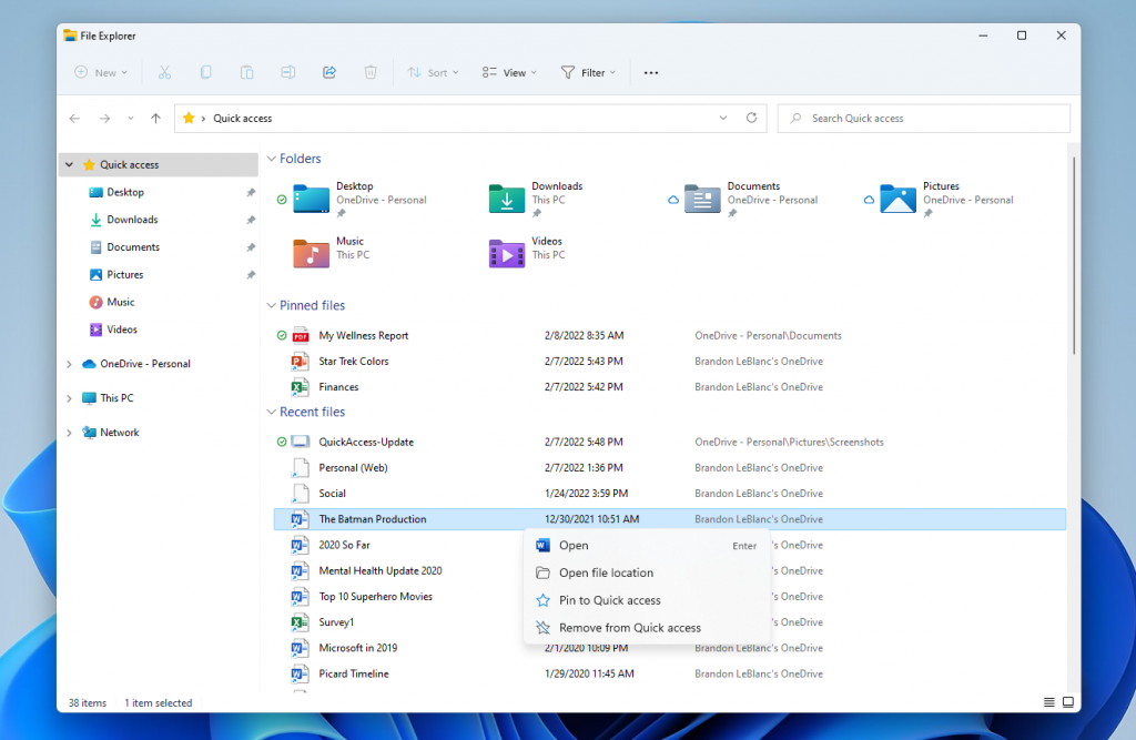 文件资源管理器中的快速访问现在支持固定文件，并将显示托管在 OneDrive、SharePoint 和 Teams 中的文件。