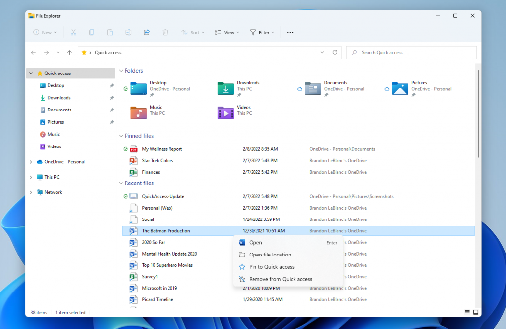 文件资源管理器中的快速访问现在支持固定文件,并将显示托管在 OneDrive、SharePoint 和 Teams 中的文件。