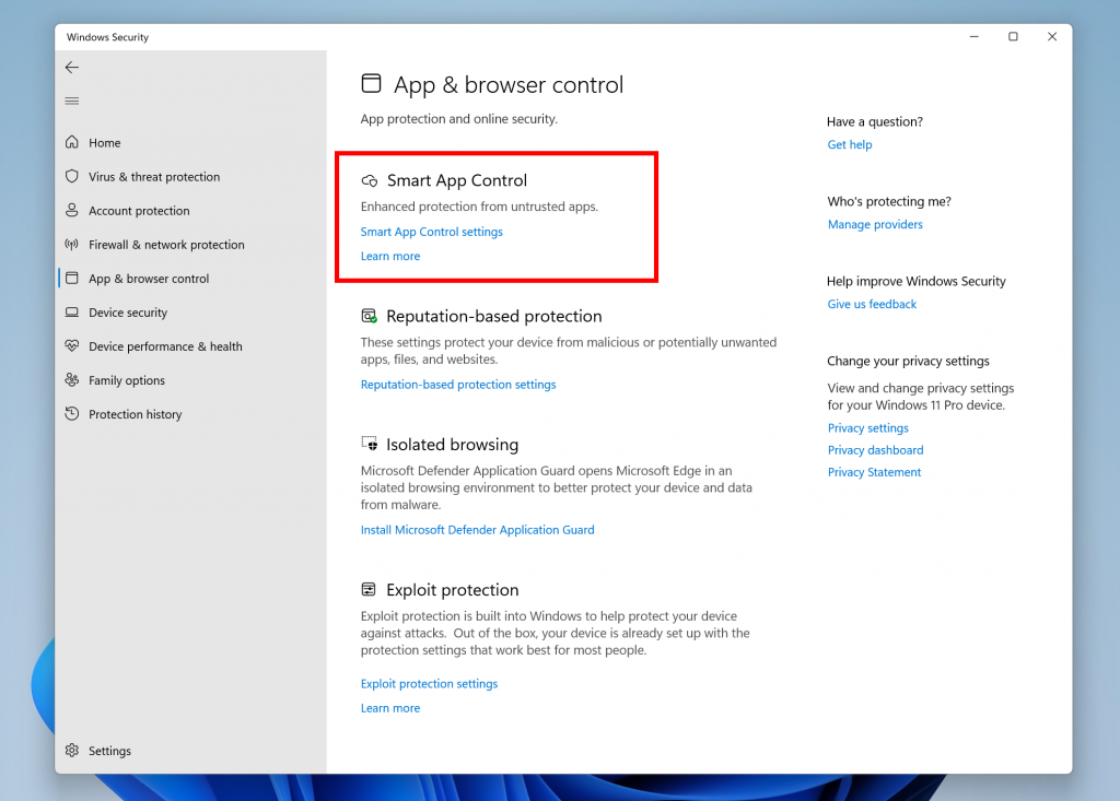 Windows 安全中的“应用程序和浏览器控制”下列出的智能应用程序控制。