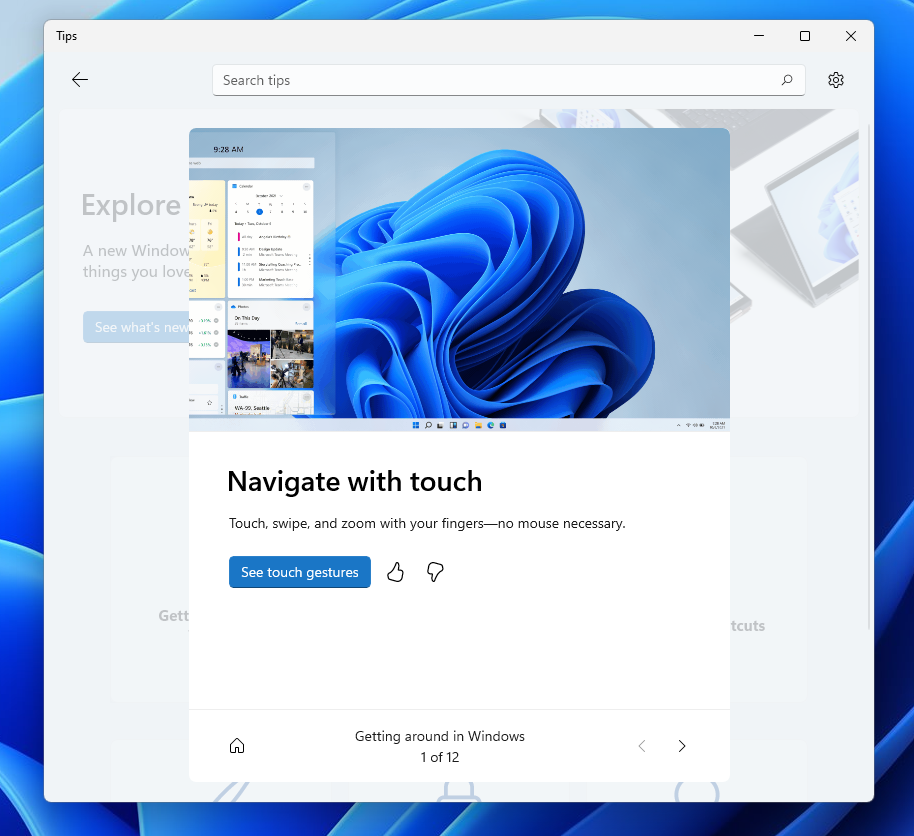 适用于 Windows 11 的新提示应用程序显示了触摸导航提示。