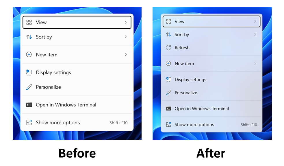 亚克力之前和之后的新 Windows 11 上下文菜单。
